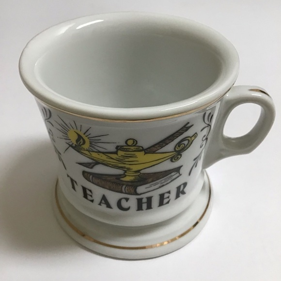 Vintage Porcelain Coffee Mug TEACHER Knobler Japan MCM Tea Desk Pencil Cup Gold - Picture 10 of 15